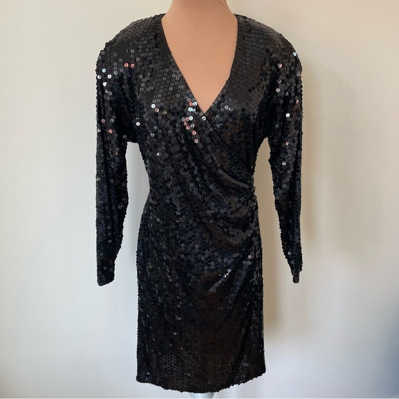 Swee Lo Vintage 1980s Long Sleeve Sequin Black V-Neck Cocktail Dress EUC Size 6 - Picture 1 of 8